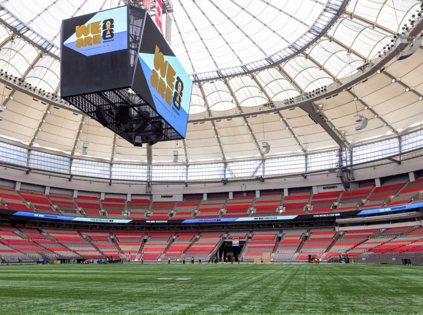 BC Place as seen from the field. This wide shot showcases the scoreboard, the stands, the field, and the dome roof – clicking this link will open a larger version of it in the browser window.