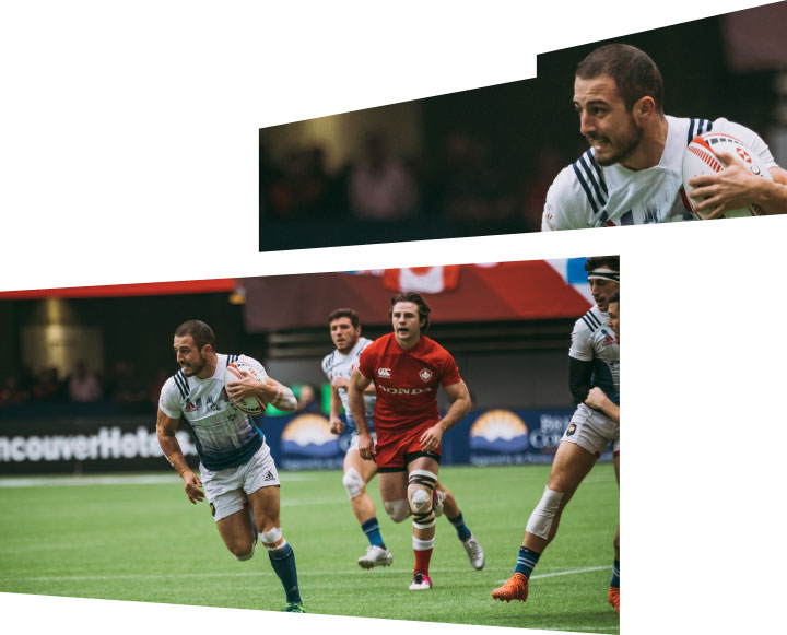 Athletes compete in a Rugby match during the 2018 Rugby Sevens.