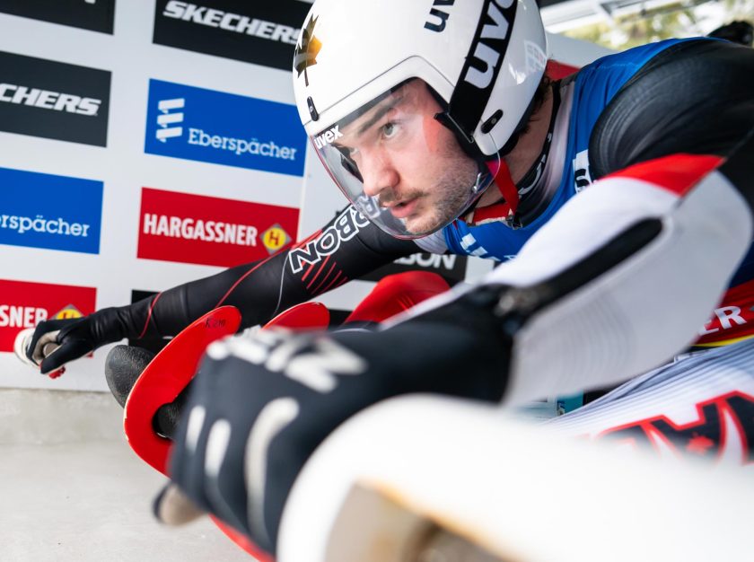 A Team Canada athlete prepares to start their luge run at the 2023 FIL Luge World Championships – clicking this link will open a larger version of it in the browser window.
