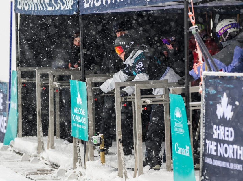 A competitor preparing to launch their run at a FIS Para Snowboard World Championship event – clicking this link will open a larger version of it in the browser window.