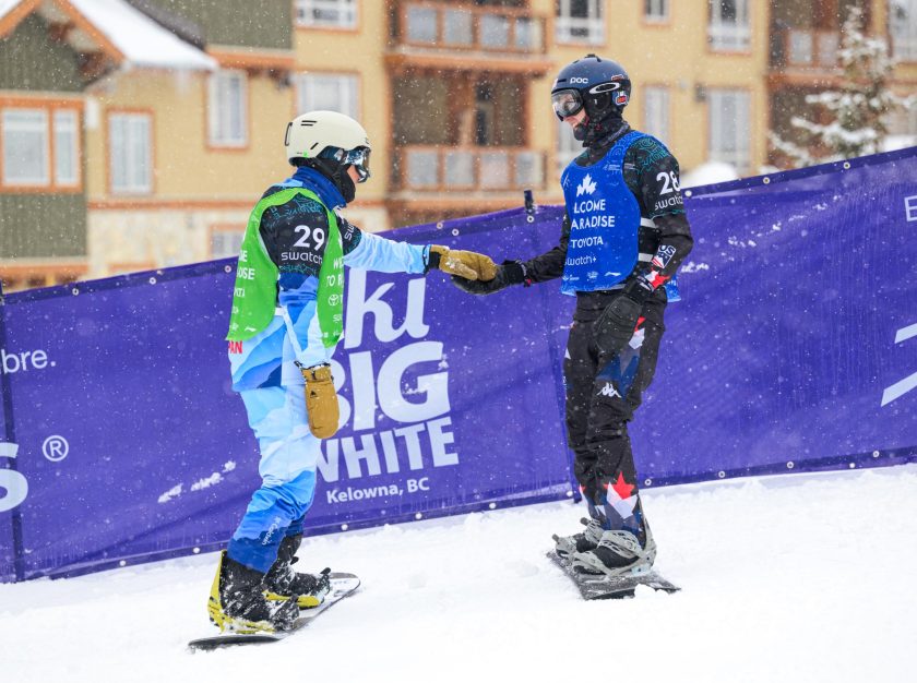 Two competitors congratulating each other after their race at the FIS Para Snowboard World Championships – clicking this link will open a larger version of it in the browser window.