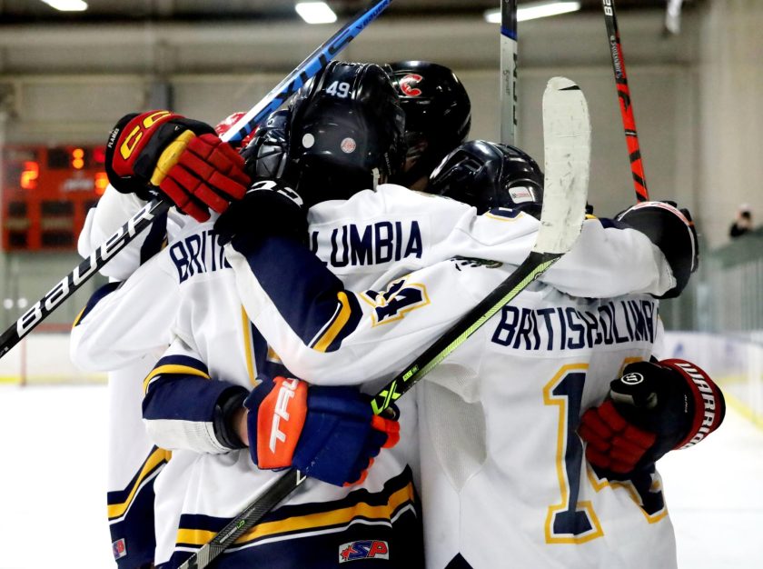 TeamBC celebrates immediately after a goal during the 2024 National Aboriginal Hockey Championships – clicking this link will open a larger version of it in the browser window.